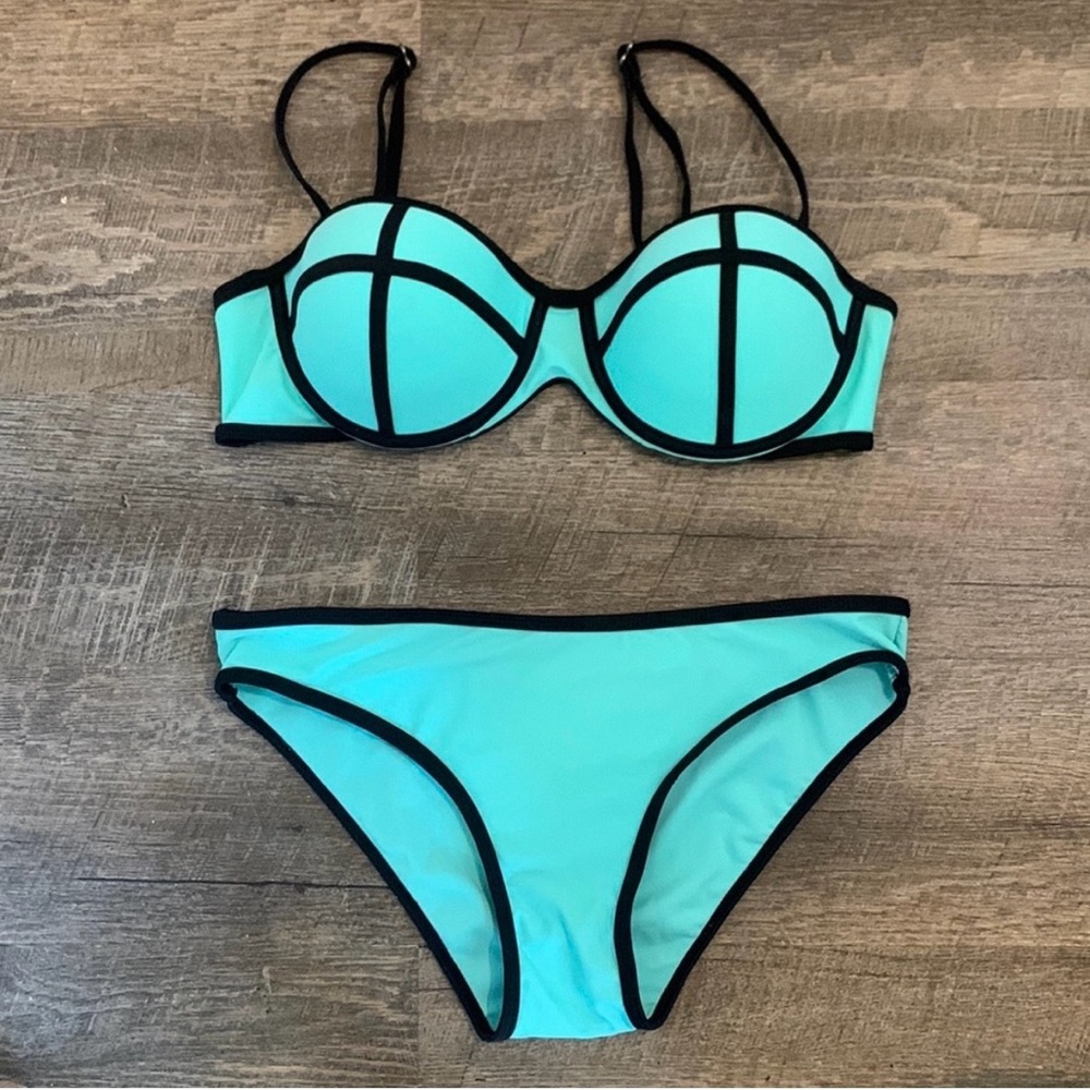 Turquoise Black-Trim Bikini Set - Women's Swim